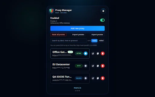Proxy Manager ডাউনলোড করুন – ব্রাউজার প্রক্সি ম্যানেজমেন্ট টুল - Screenshot 1